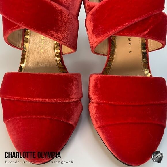 CHARLOTTE OLYMPIA BRENDA CRISSCROSS SLINGBACK PUMPS IN RED VELVET EU 38.5 NEW - Picture 6 of 15